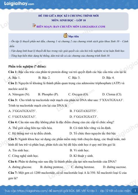 Đề thi giữa kì 1 Sinh 10 Cánh diều - Đề số 5